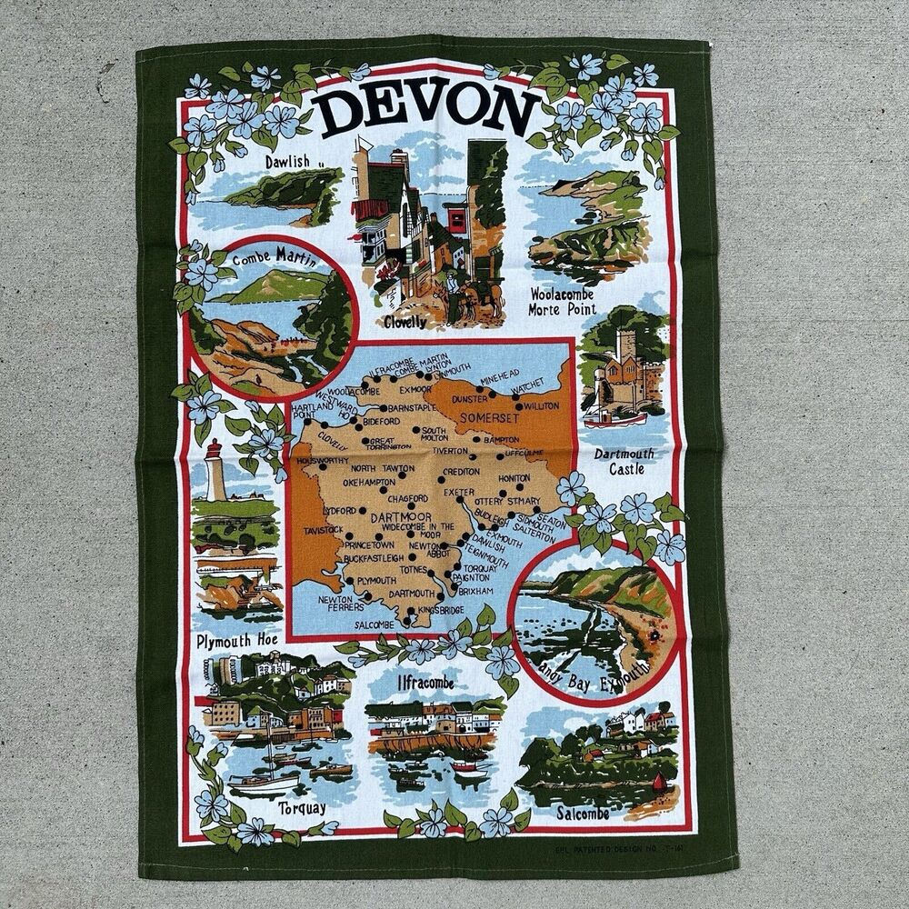 Devon England Tea Towel 20 x‎ 30" Map Landmarks Combe Martin Dartmouth Castle